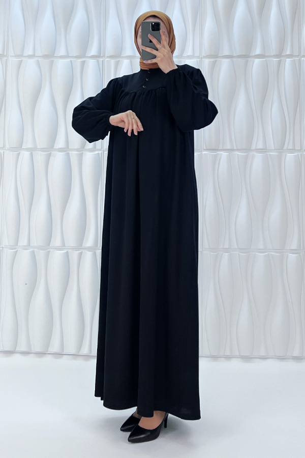 Düğmeli Robadan Elbise - Siyah