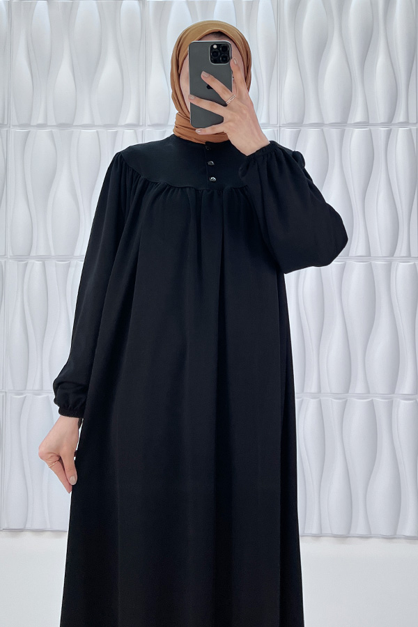 Düğmeli Robadan Elbise - Siyah