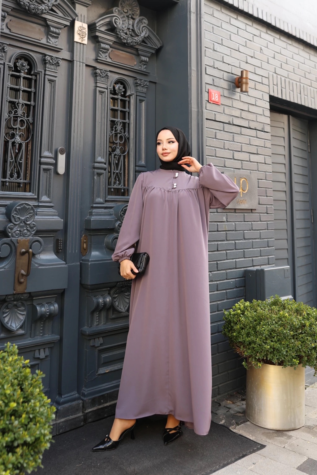 Düğmeli Robadan Medine İpeği Elbise - Antrasit