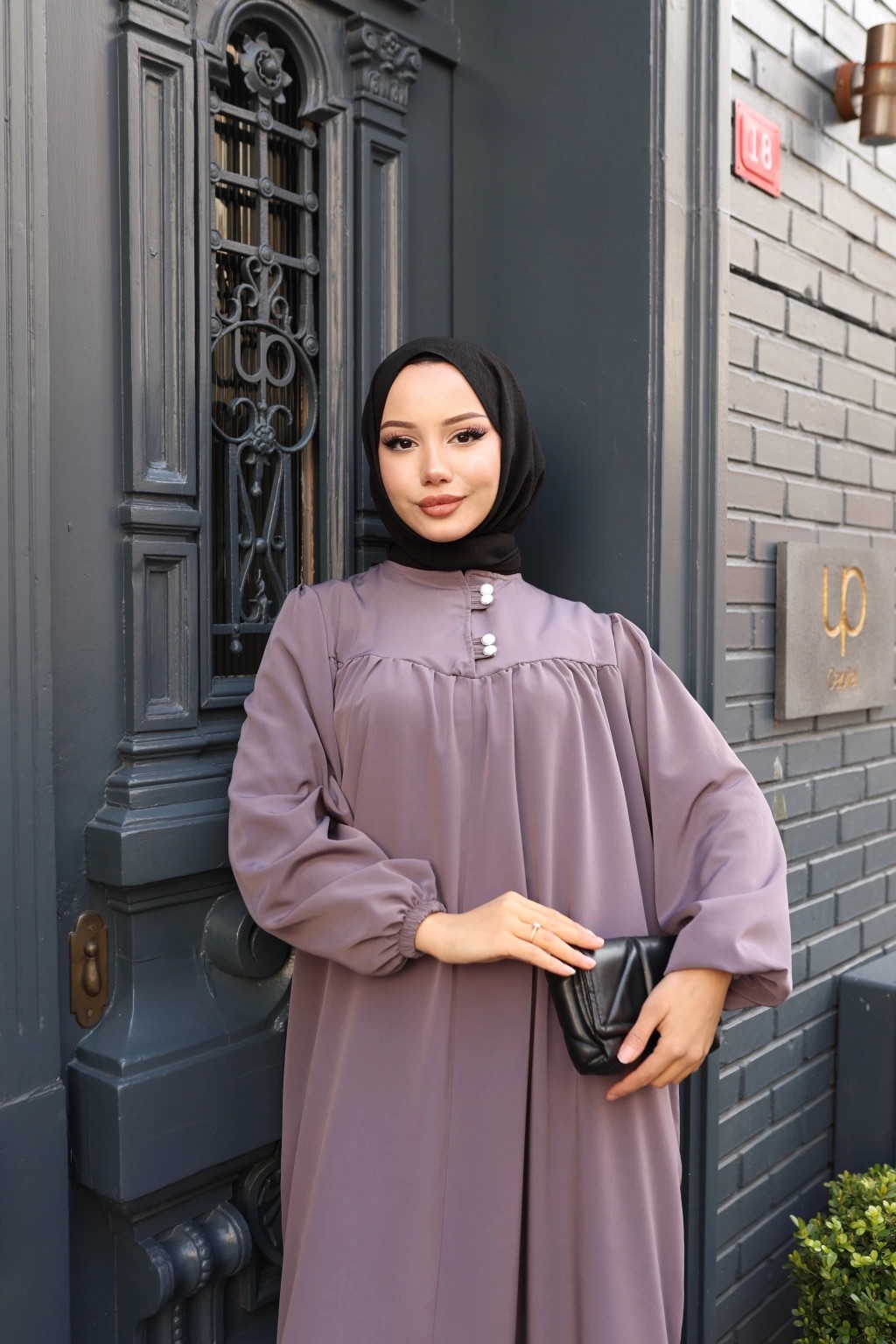 Düğmeli Robadan Medine İpeği Elbise - Antrasit