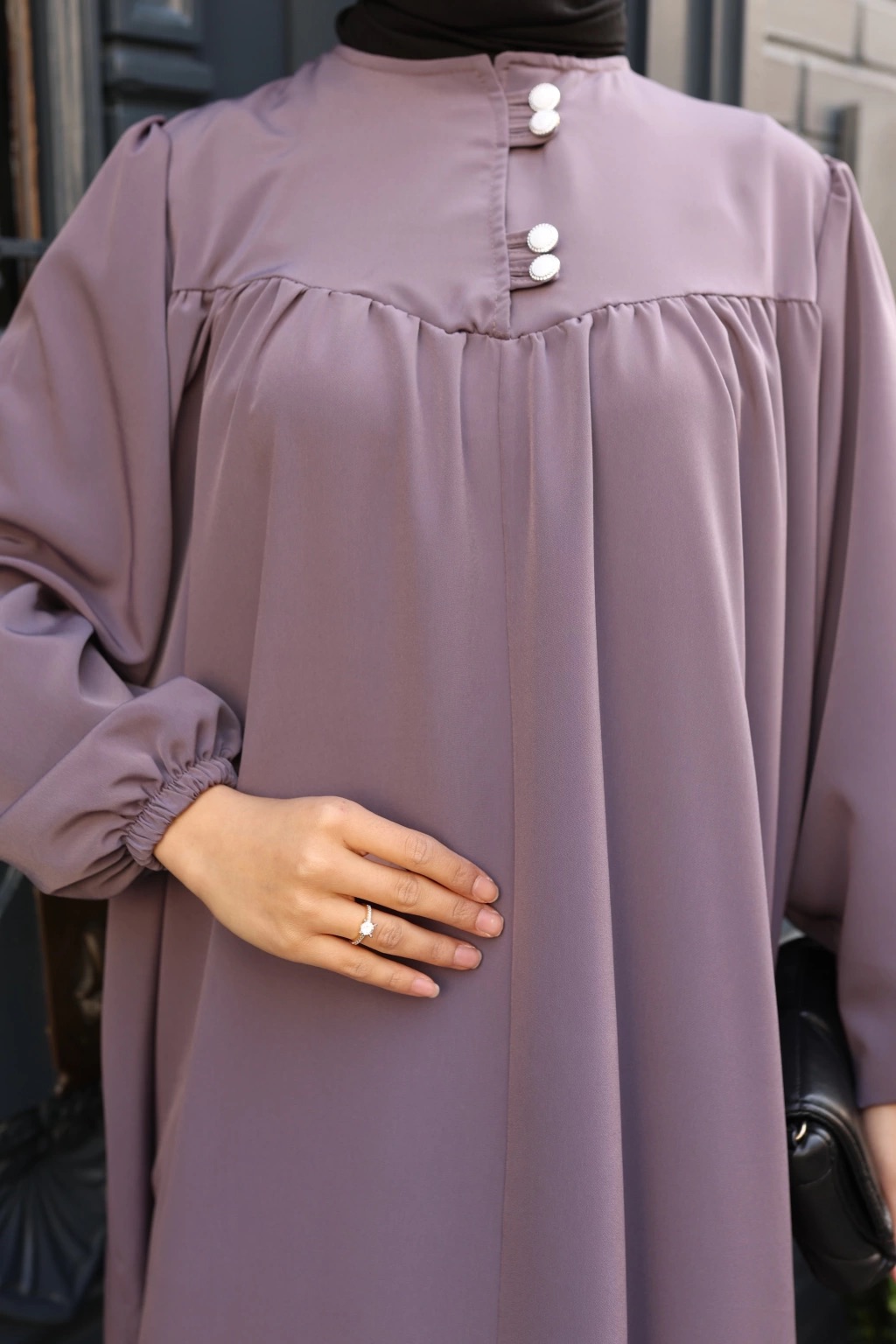 Düğmeli Robadan Medine İpeği Elbise - Antrasit