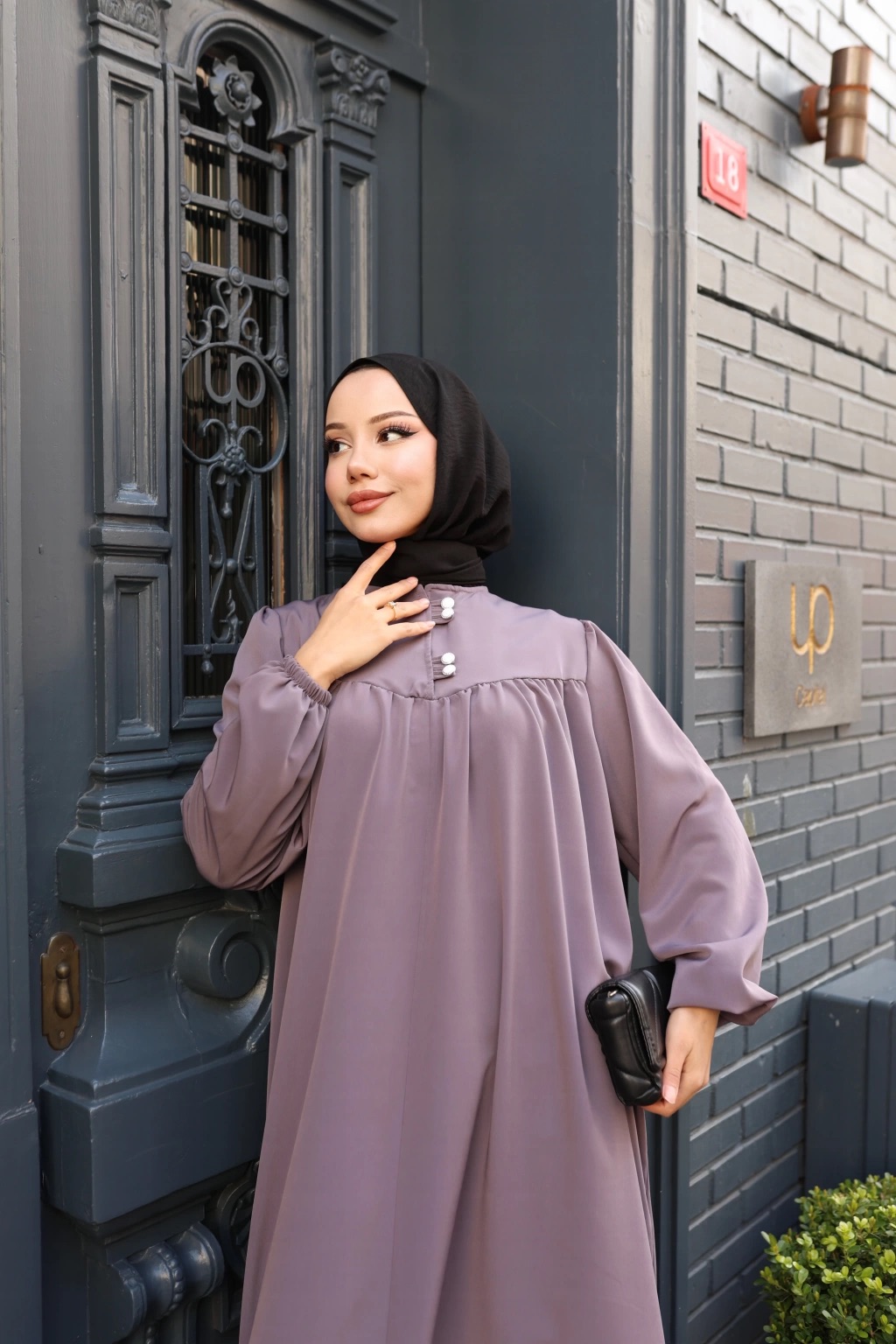 Düğmeli Robadan Medine İpeği Elbise - Antrasit