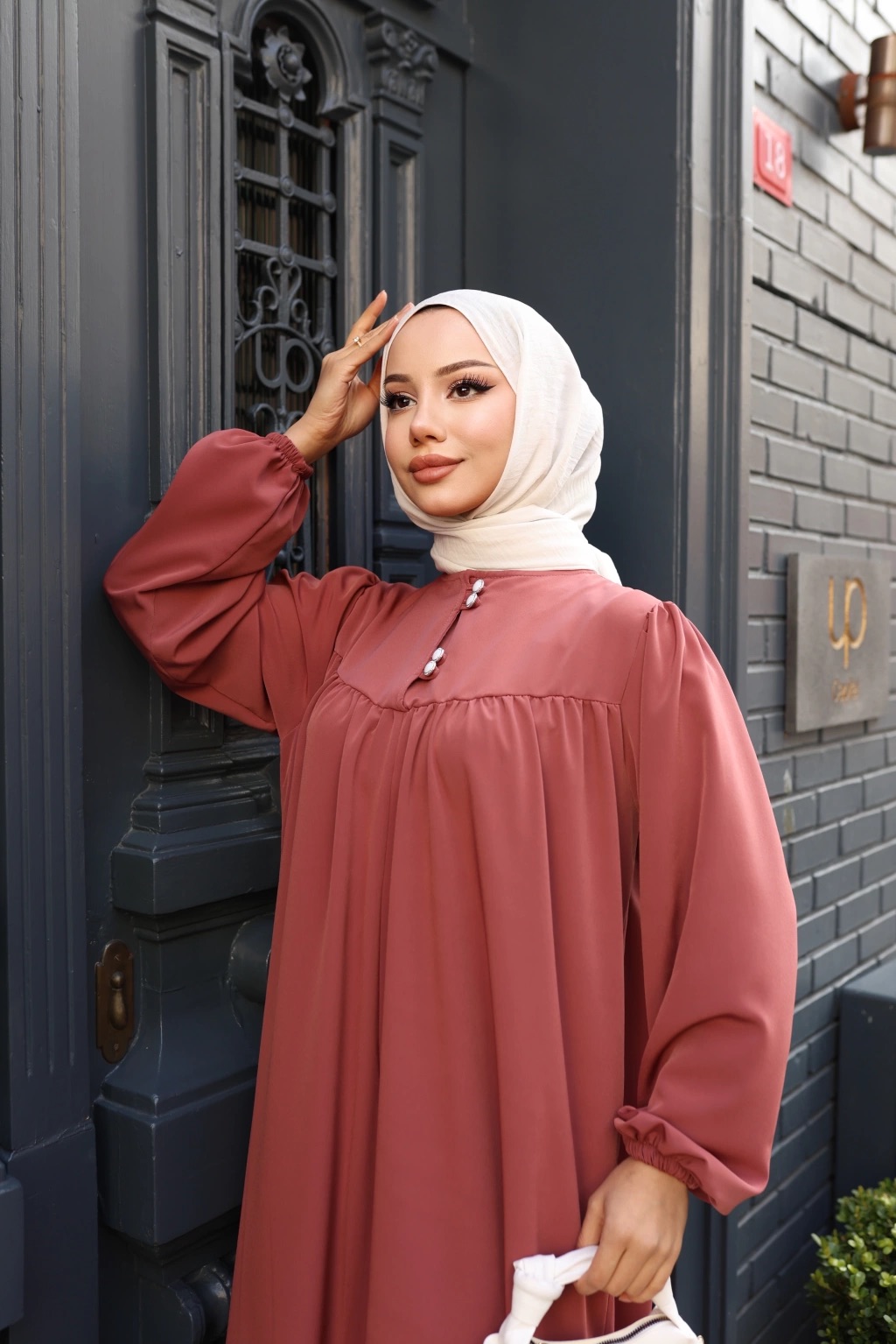 Düğmeli Robadan Medine İpeği Elbise - Gül Kurusu