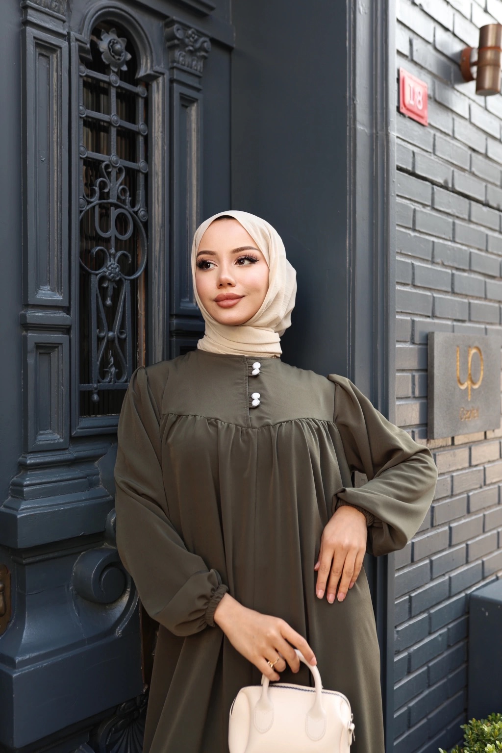 Düğmeli Robadan Medine İpeği Elbise - Haki