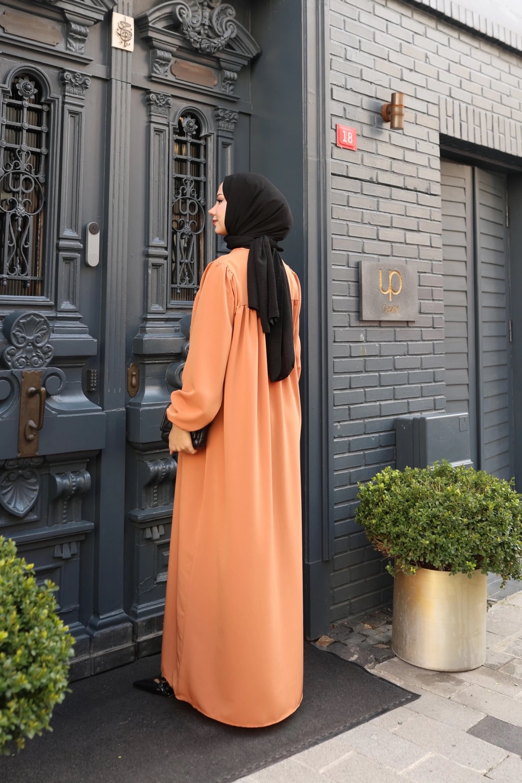 Düğmeli Robadan Medine İpeği Elbise - Kiremit