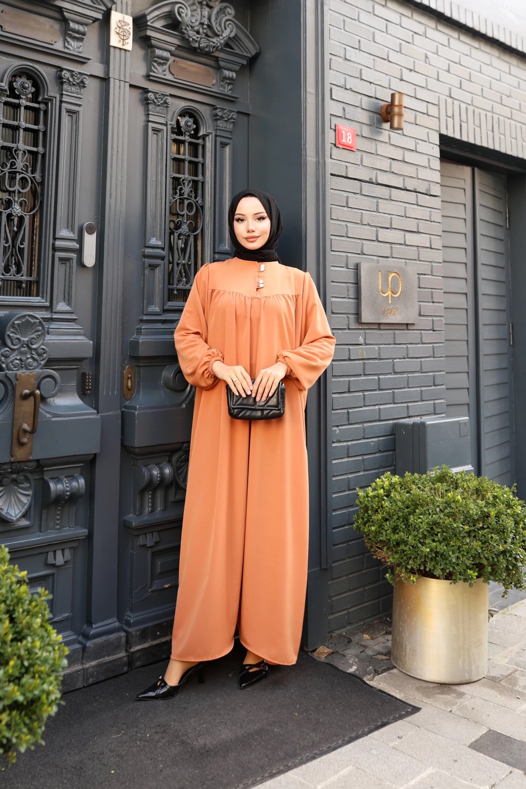 Düğmeli Robadan Medine İpeği Elbise - Kiremit