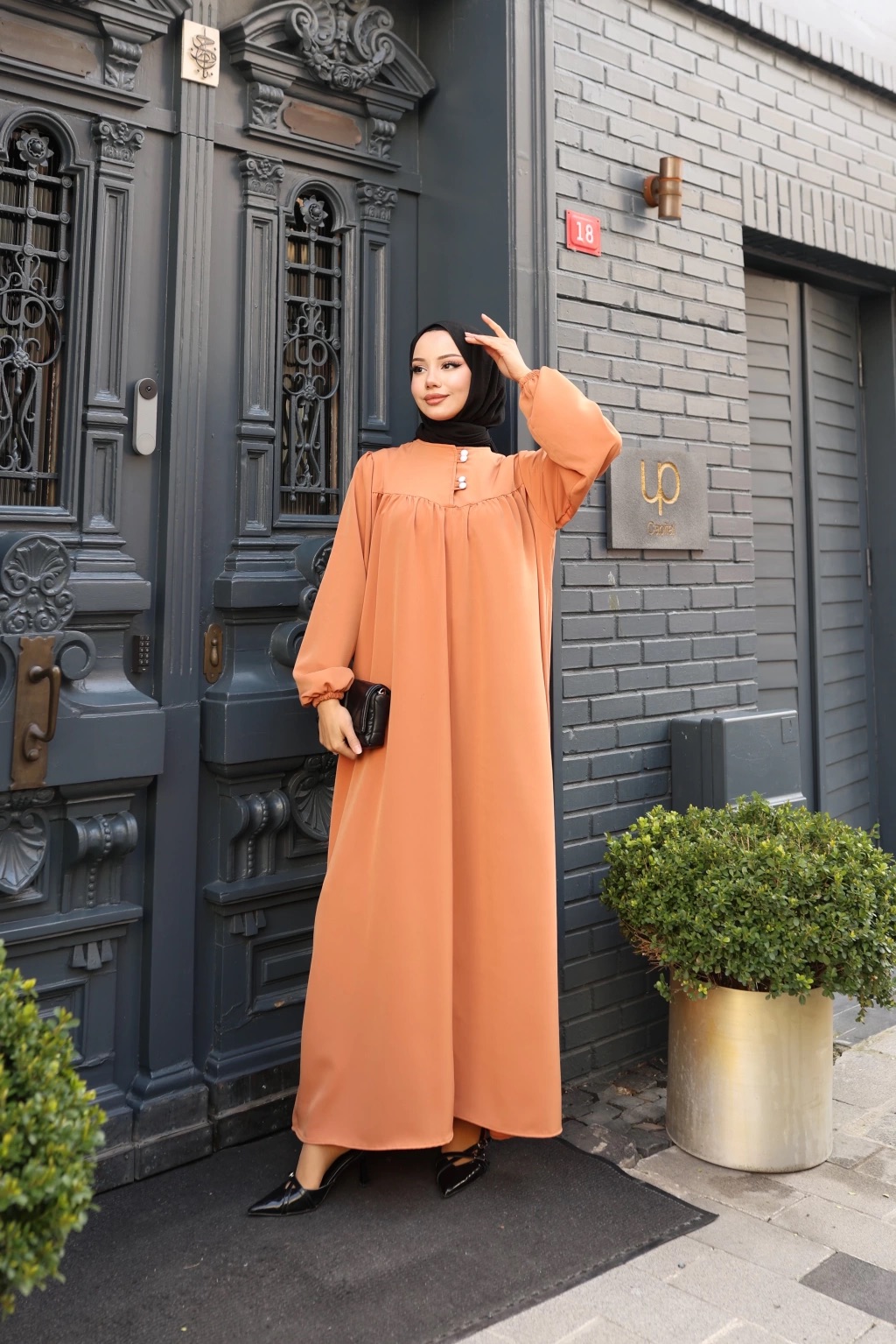 Düğmeli Robadan Medine İpeği Elbise - Kiremit