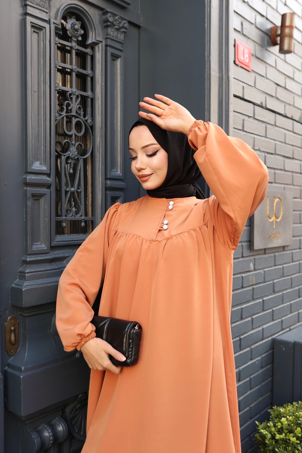 Düğmeli Robadan Medine İpeği Elbise - Kiremit