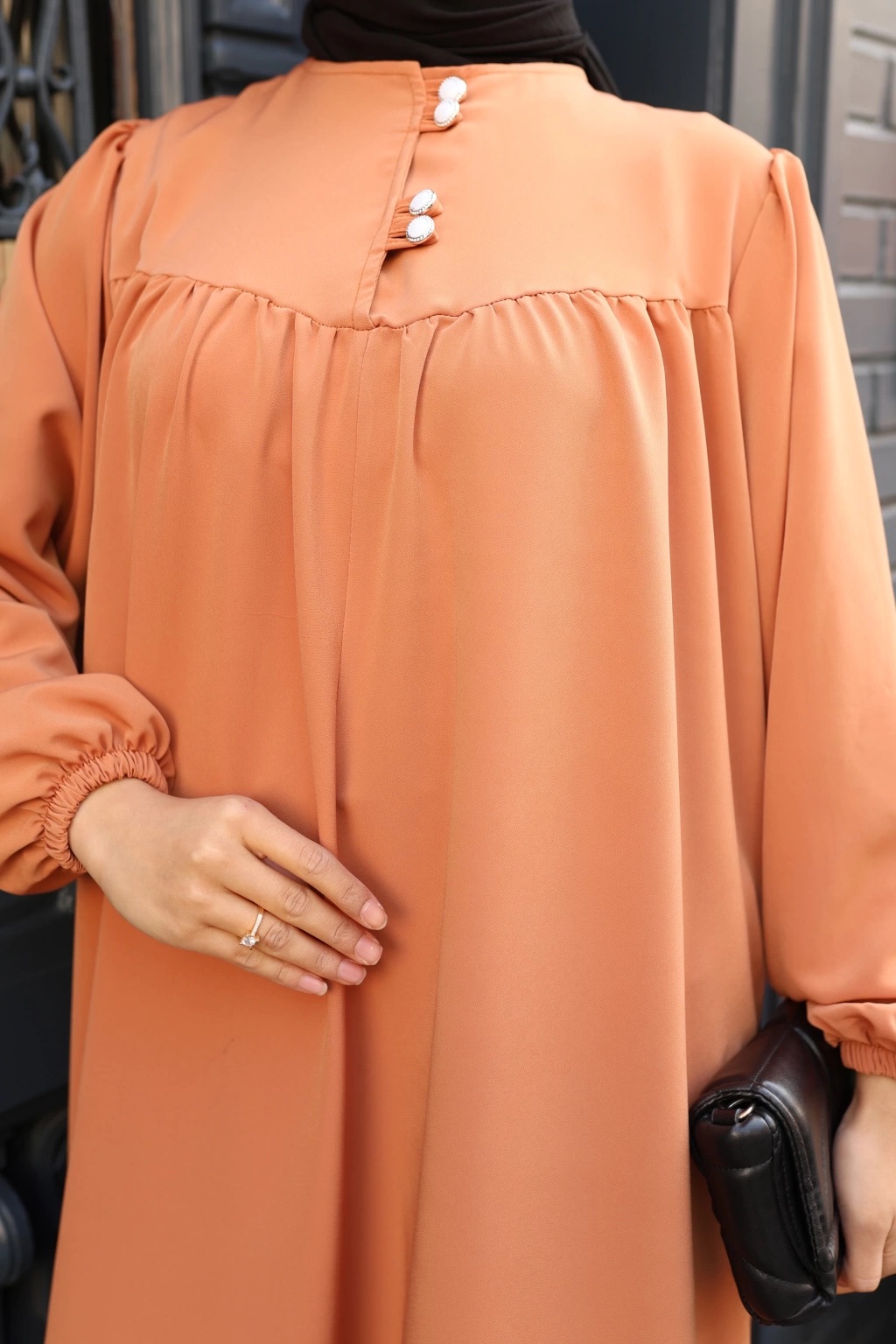 Düğmeli Robadan Medine İpeği Elbise - Kiremit