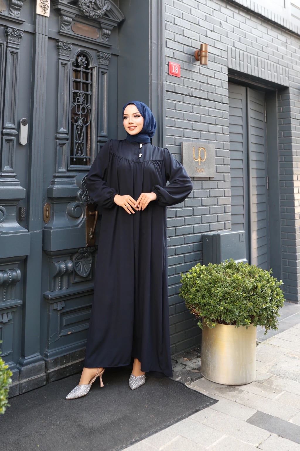 Düğmeli Robadan Medine İpeği Elbise - Lacivert