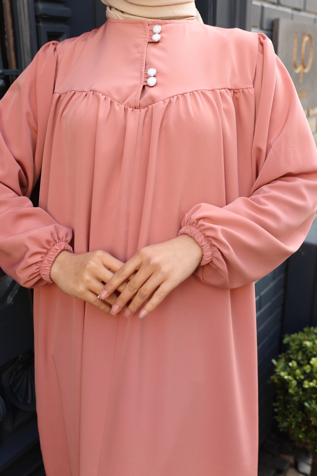 Düğmeli Robadan Medine İpeği Elbise - Somon