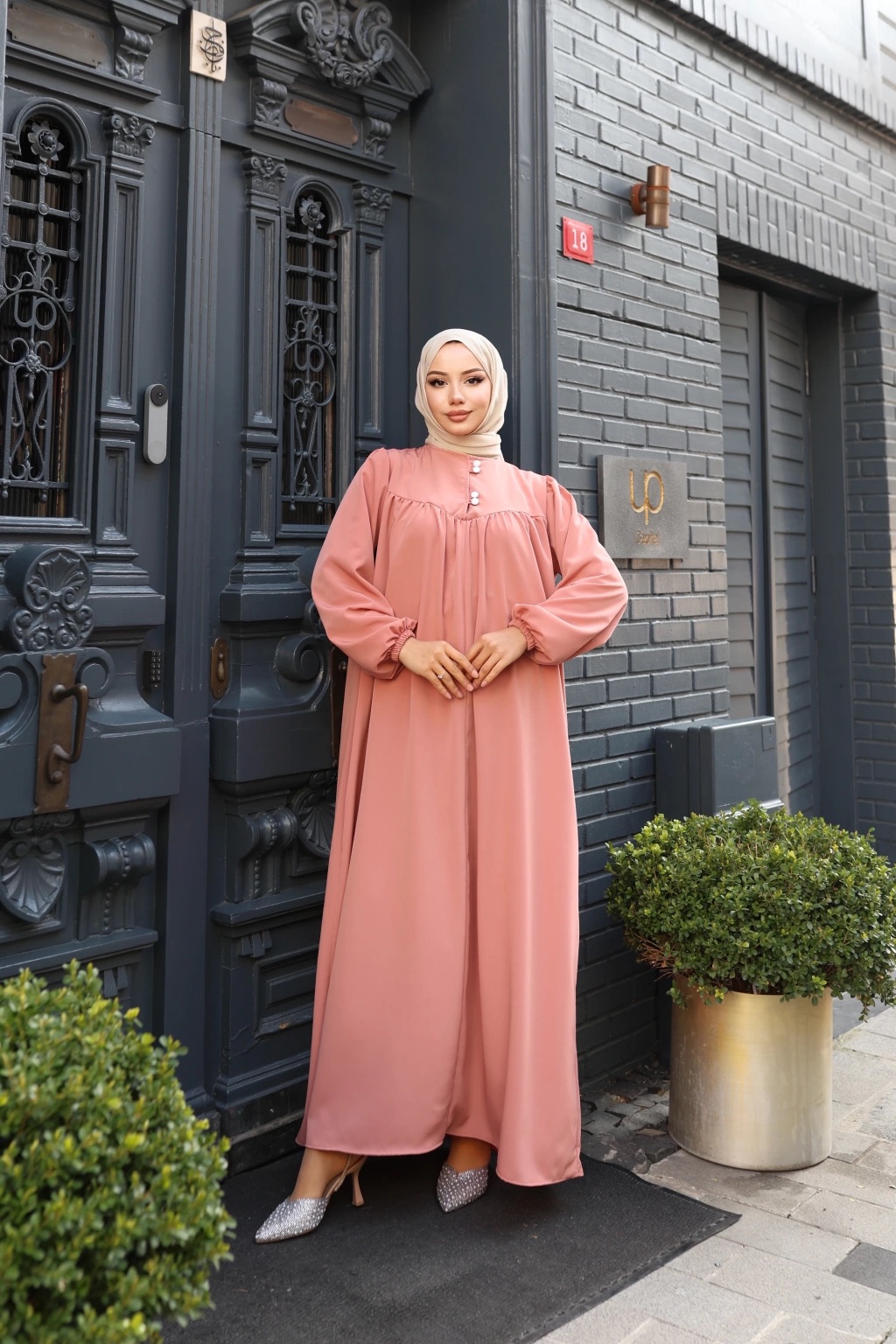 Düğmeli Robadan Medine İpeği Elbise - Somon