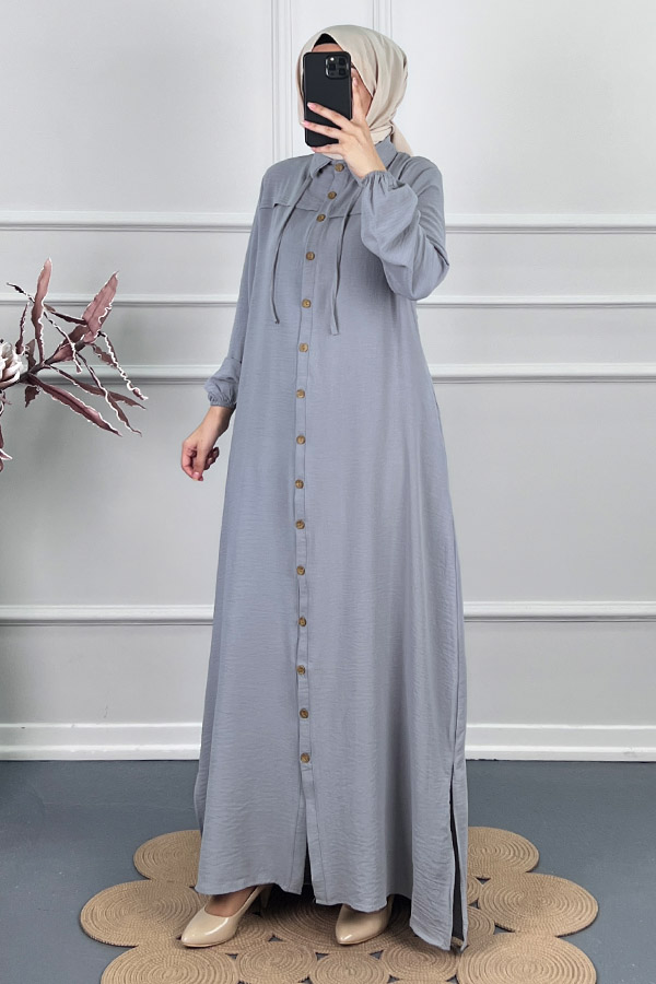 Düğmeli Tesettür Ferace - Gri Düğmeli Tesettür Ferace - Gri