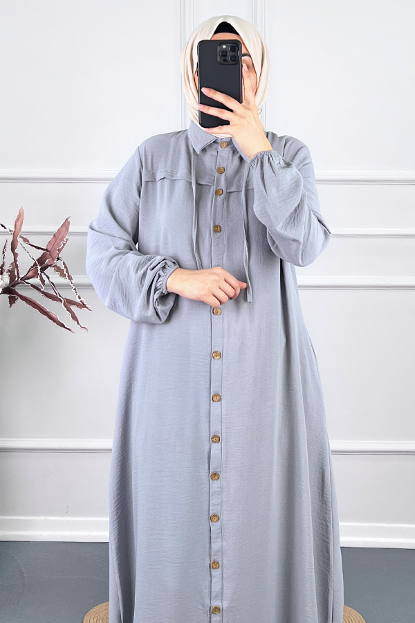 Düğmeli Tesettür Ferace - Gri Düğmeli Tesettür Ferace - Gri
