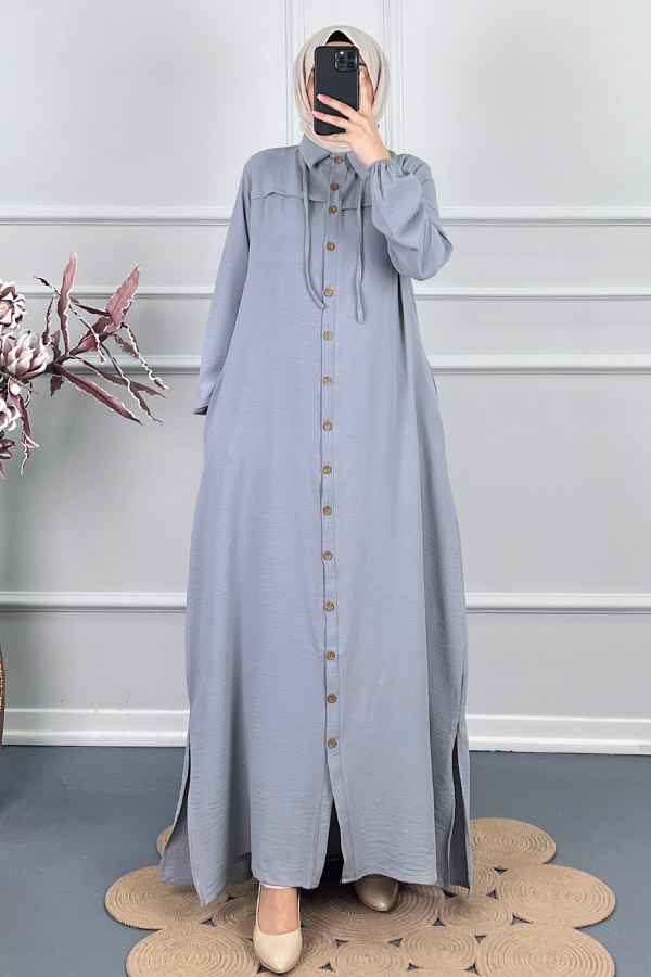 Düğmeli Tesettür Ferace - Gri Düğmeli Tesettür Ferace - Gri