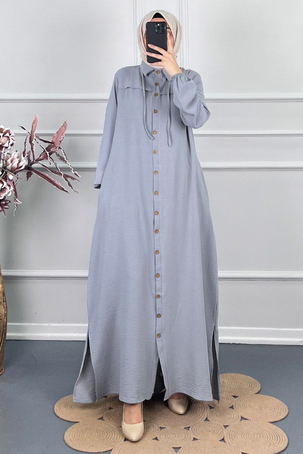 Düğmeli Tesettür Ferace - Gri Düğmeli Tesettür Ferace - Gri