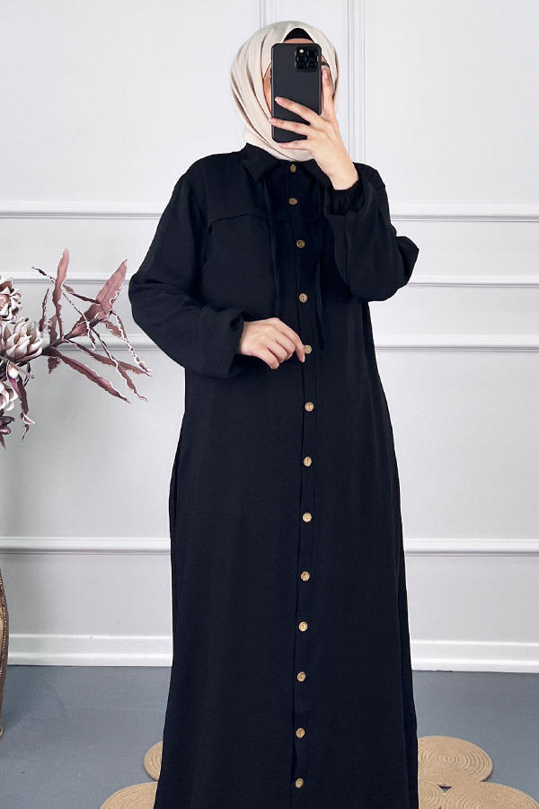 Düğmeli Tesettür Ferace - Siyah Düğmeli Tesettür Ferace - Siyah
