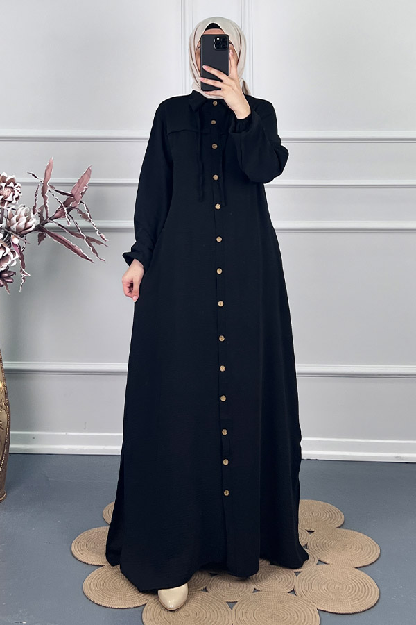 Düğmeli Tesettür Ferace - Siyah Düğmeli Tesettür Ferace - Siyah