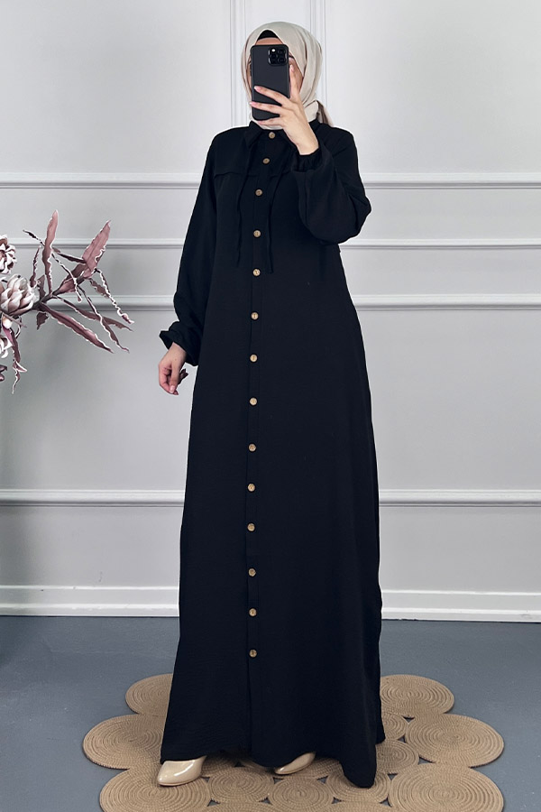 Düğmeli Tesettür Ferace - Siyah Düğmeli Tesettür Ferace - Siyah