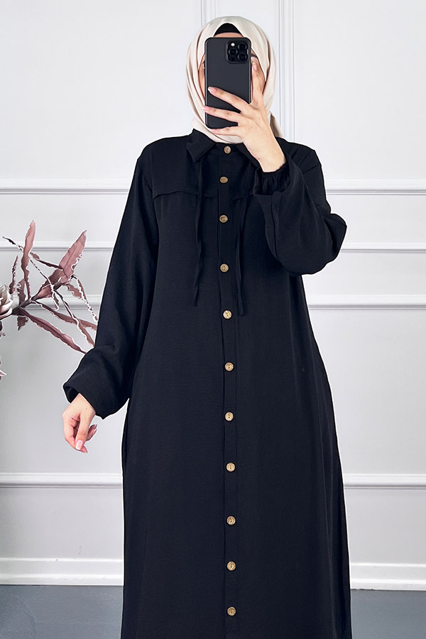 Düğmeli Tesettür Ferace - Siyah Düğmeli Tesettür Ferace - Siyah