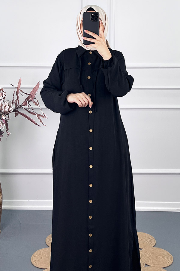 Düğmeli Tesettür Ferace - Siyah Düğmeli Tesettür Ferace - Siyah