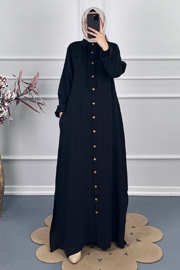 Düğmeli Tesettür Ferace - Siyah Düğmeli Tesettür Ferace - Siyah