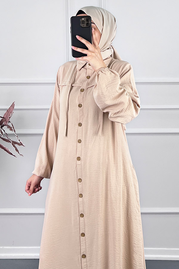 Düğmeli Tesettür Ferace - Taş