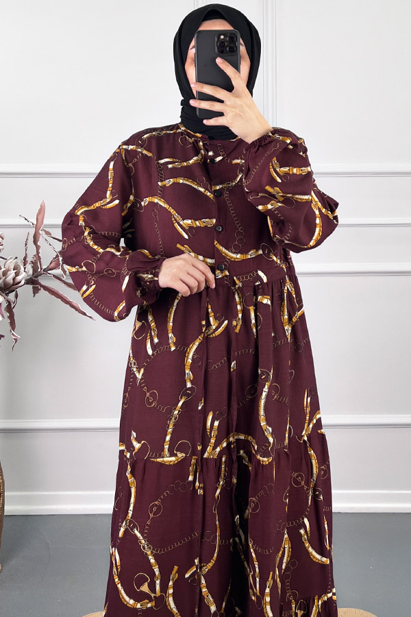 Düğmeli Zincir Desenli Elbise - Bordo