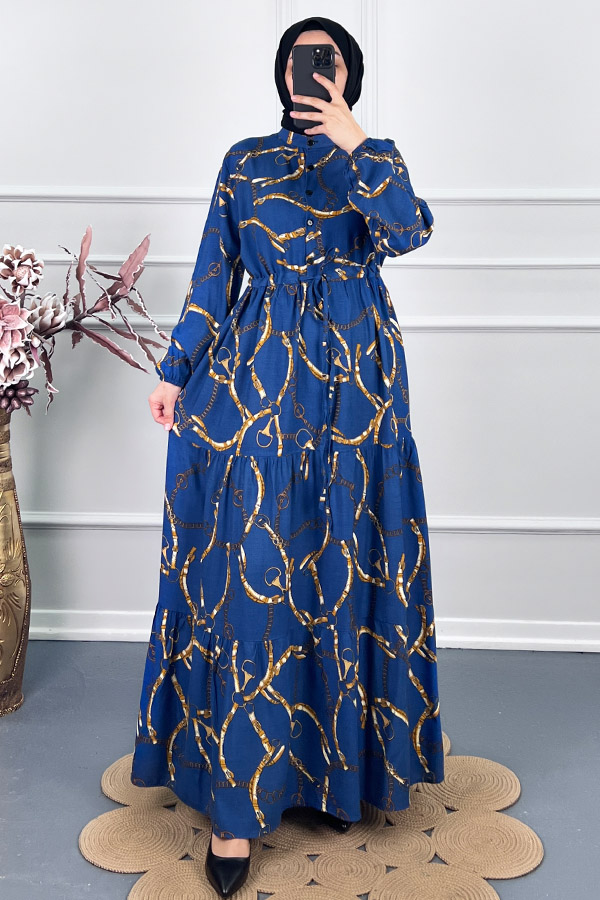 Düğmeli Zincir Desenli Elbise - Mavi