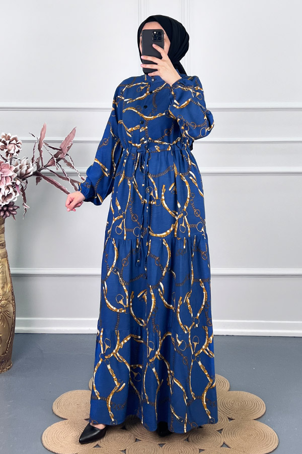 Düğmeli Zincir Desenli Elbise - Mavi