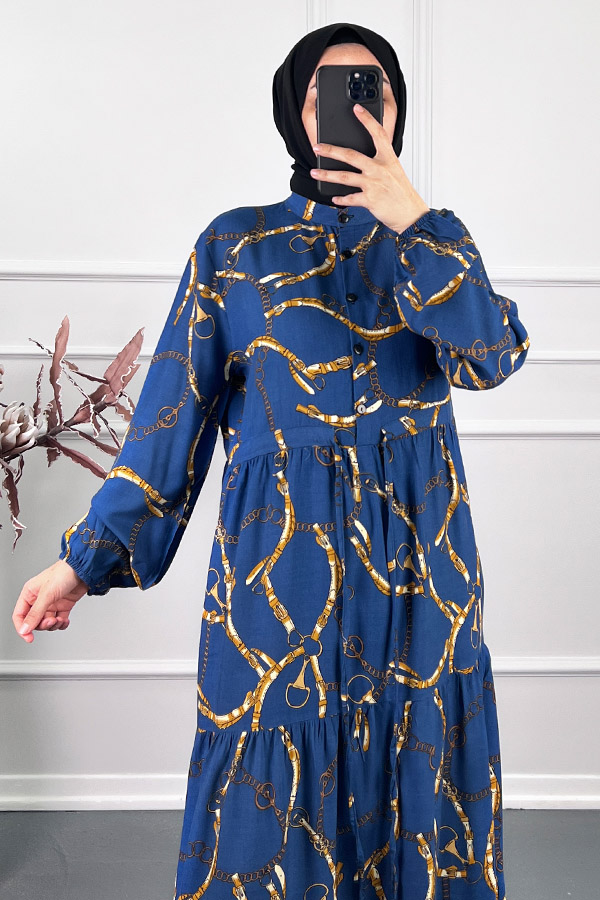 Düğmeli Zincir Desenli Elbise - Mavi