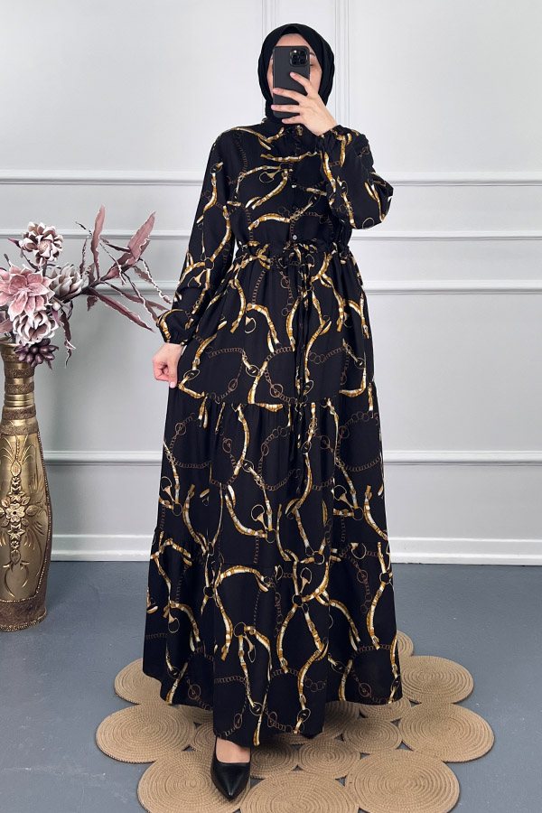 Düğmeli Zincir Desenli Elbise - Siyah