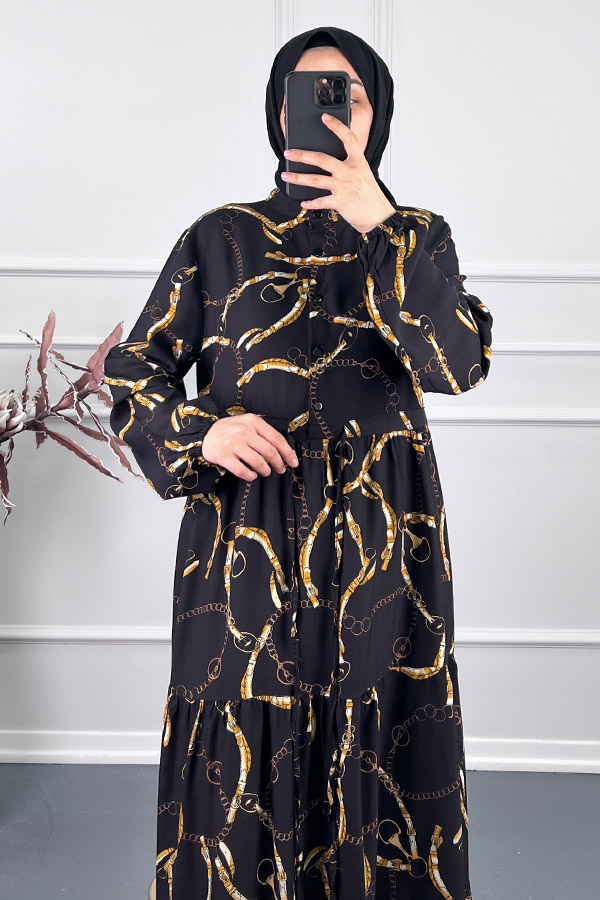 Düğmeli Zincir Desenli Elbise - Siyah