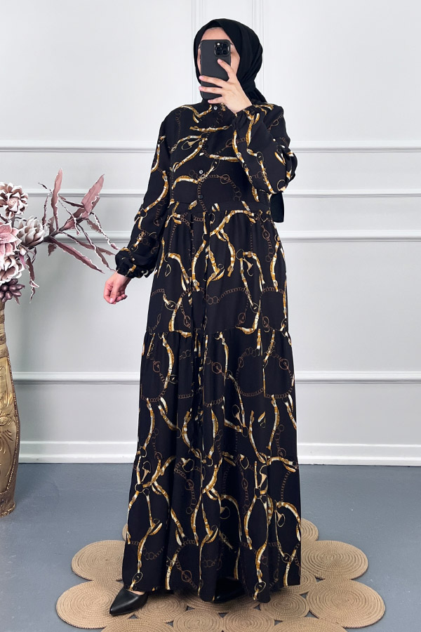 Düğmeli Zincir Desenli Elbise - Siyah