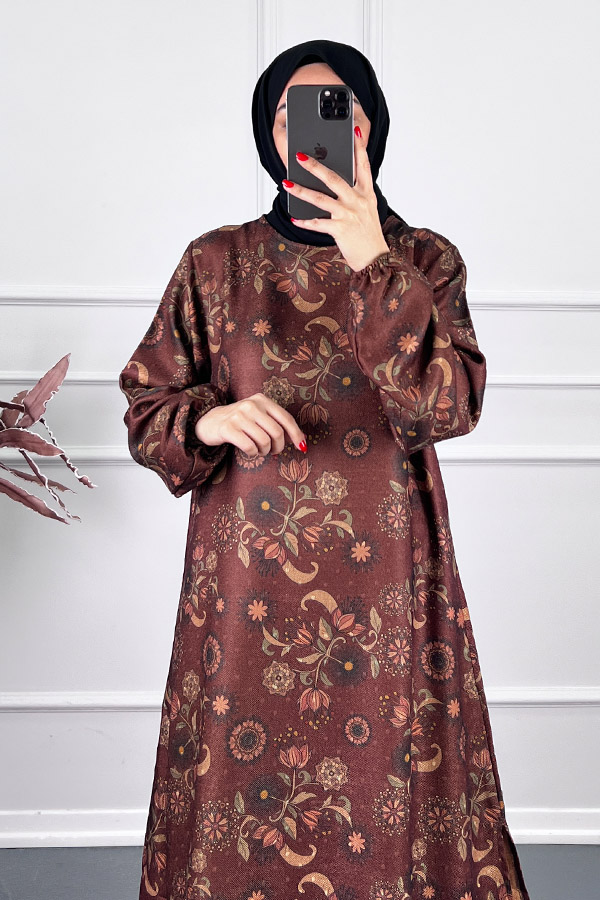 Ebru Desenli Uzun Tunik - Açık Kahverengi