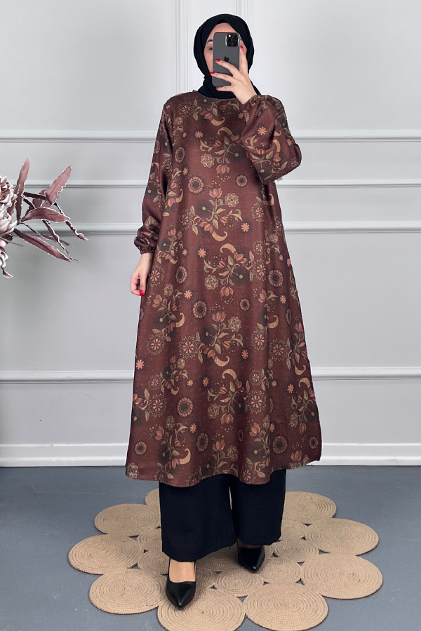 Ebru Desenli Uzun Tunik - Açık Kahverengi