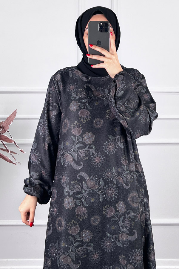 Ebru Desenli Uzun Tunik - Gri