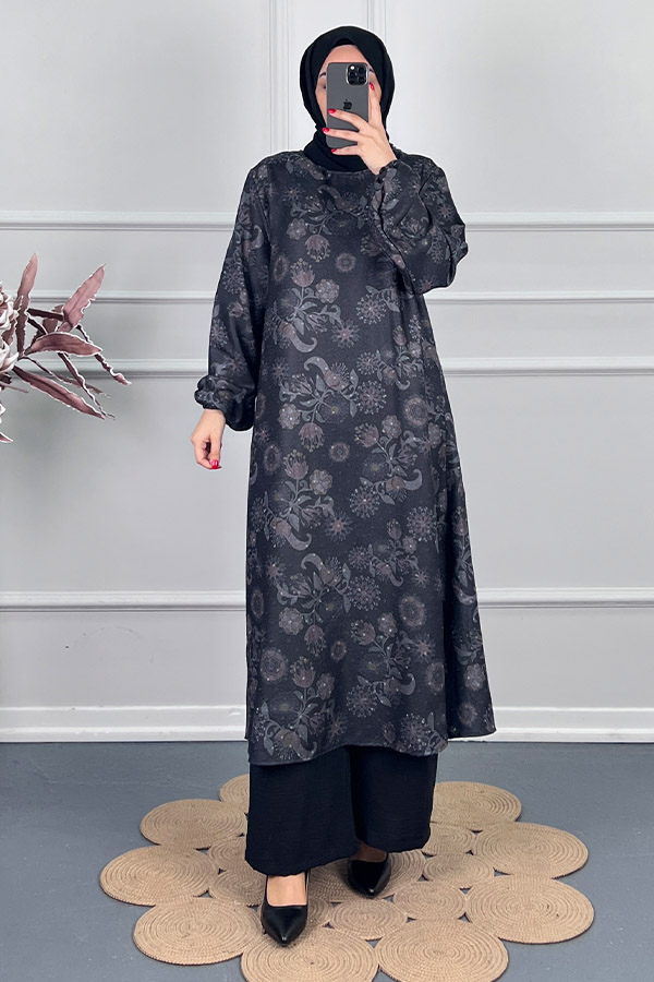 Ebru Desenli Uzun Tunik - Gri