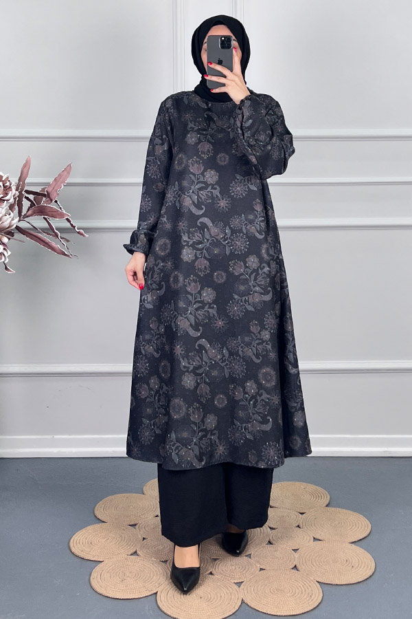 Ebru Desenli Uzun Tunik - Gri