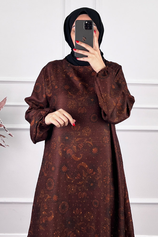 Ebru Desenli Uzun Tunik - Kahverengi