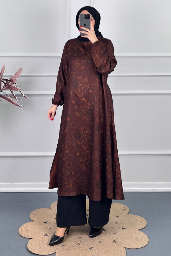 Ebru Desenli Uzun Tunik - Kahverengi