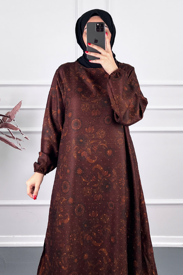 Ebru Desenli Uzun Tunik - Kahverengi