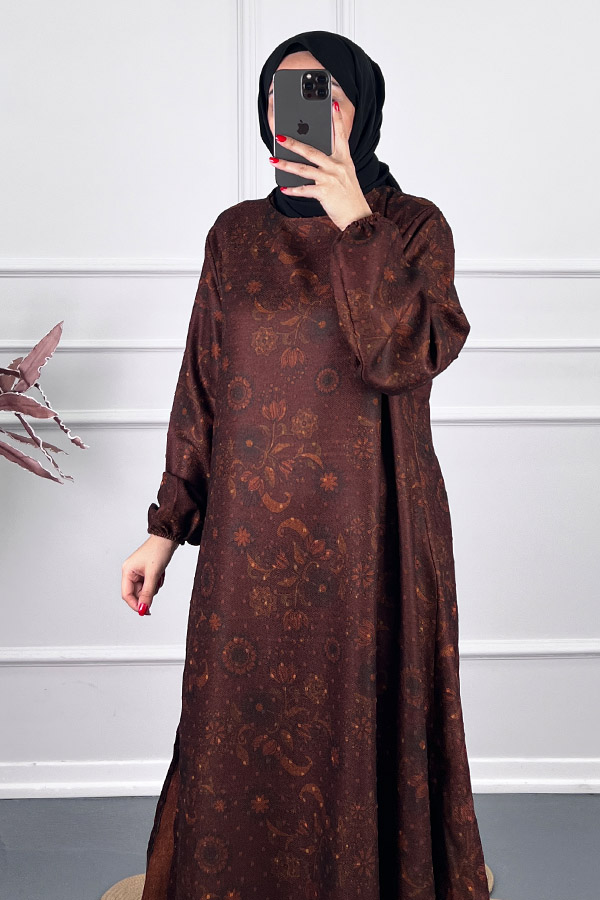 Ebru Desenli Uzun Tunik - Kahverengi