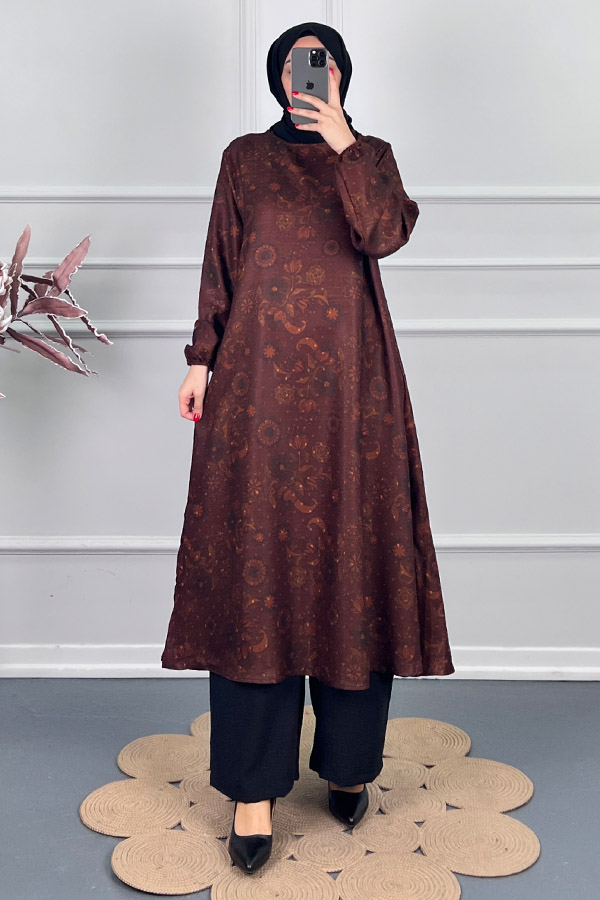 Ebru Desenli Uzun Tunik - Kahverengi