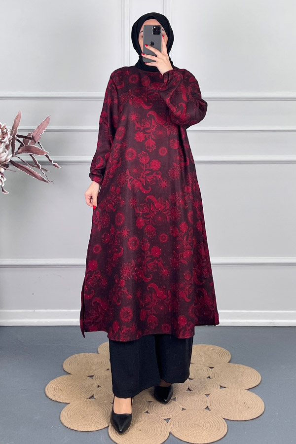 Ebru Desenli Uzun Tunik - Kırmızı