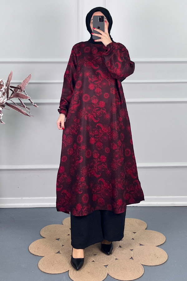 Ebru Desenli Uzun Tunik - Kırmızı
