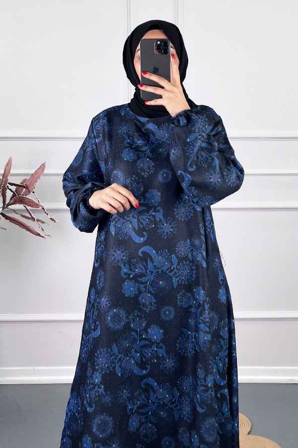 Ebru Desenli Uzun Tunik - Mavi