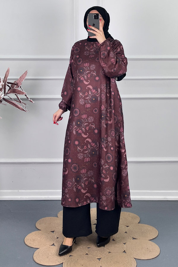 Ebru Desenli Uzun Tunik - Mürdüm
