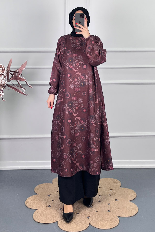 Ebru Desenli Uzun Tunik - Mürdüm
