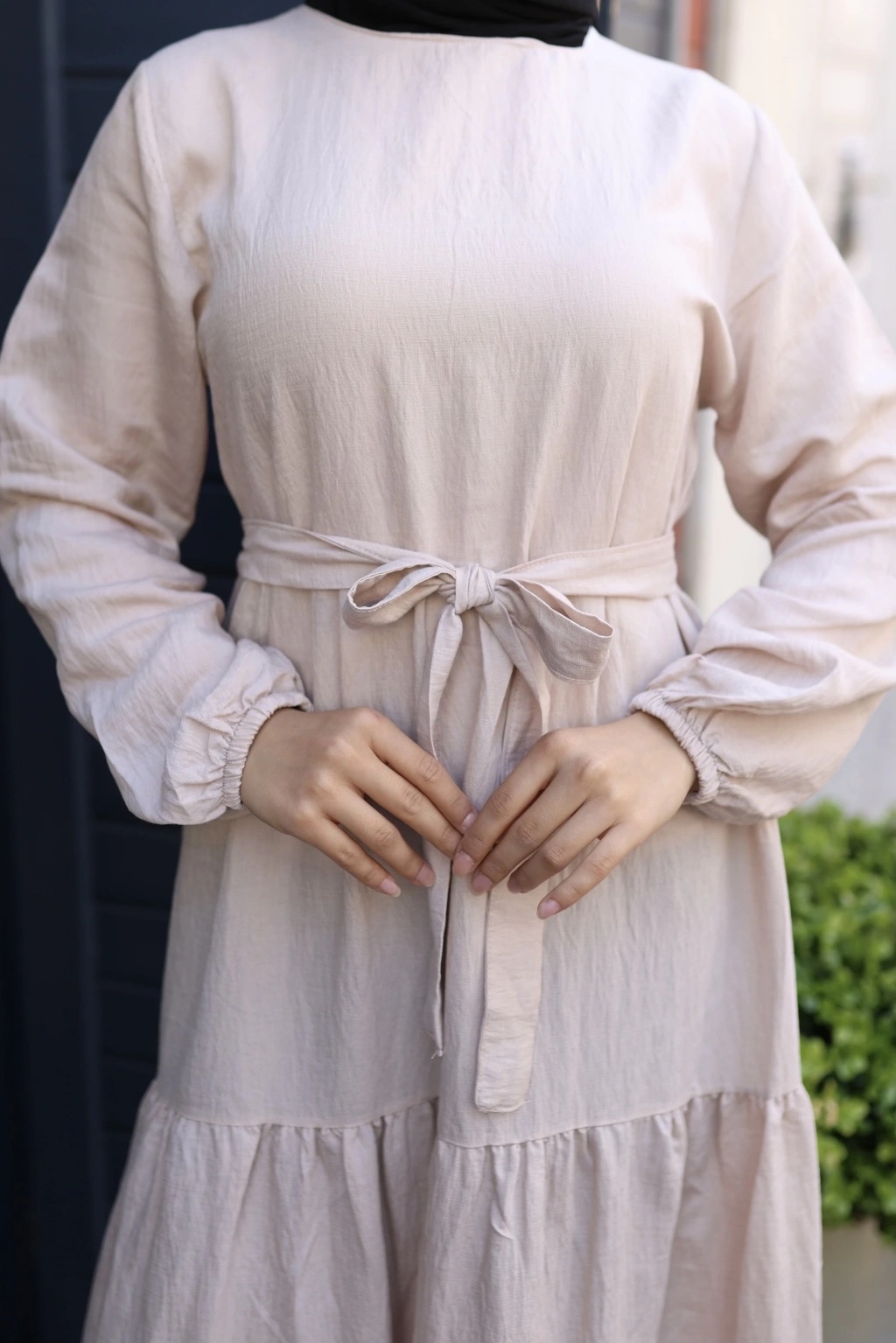 Eteği Fırfırlı Keten Kumaş Elbise - Ekru